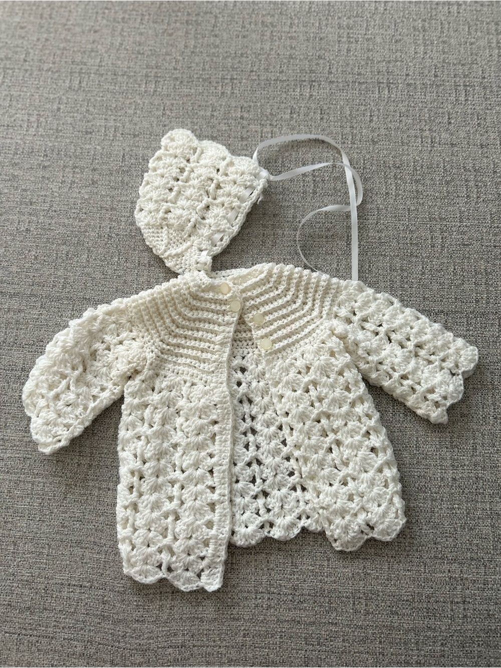 Handmade Cream Crochet Baby Cardigan with Bonnet Size 3/6M